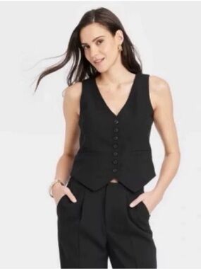 a new day Black linen button vest button down front Large L